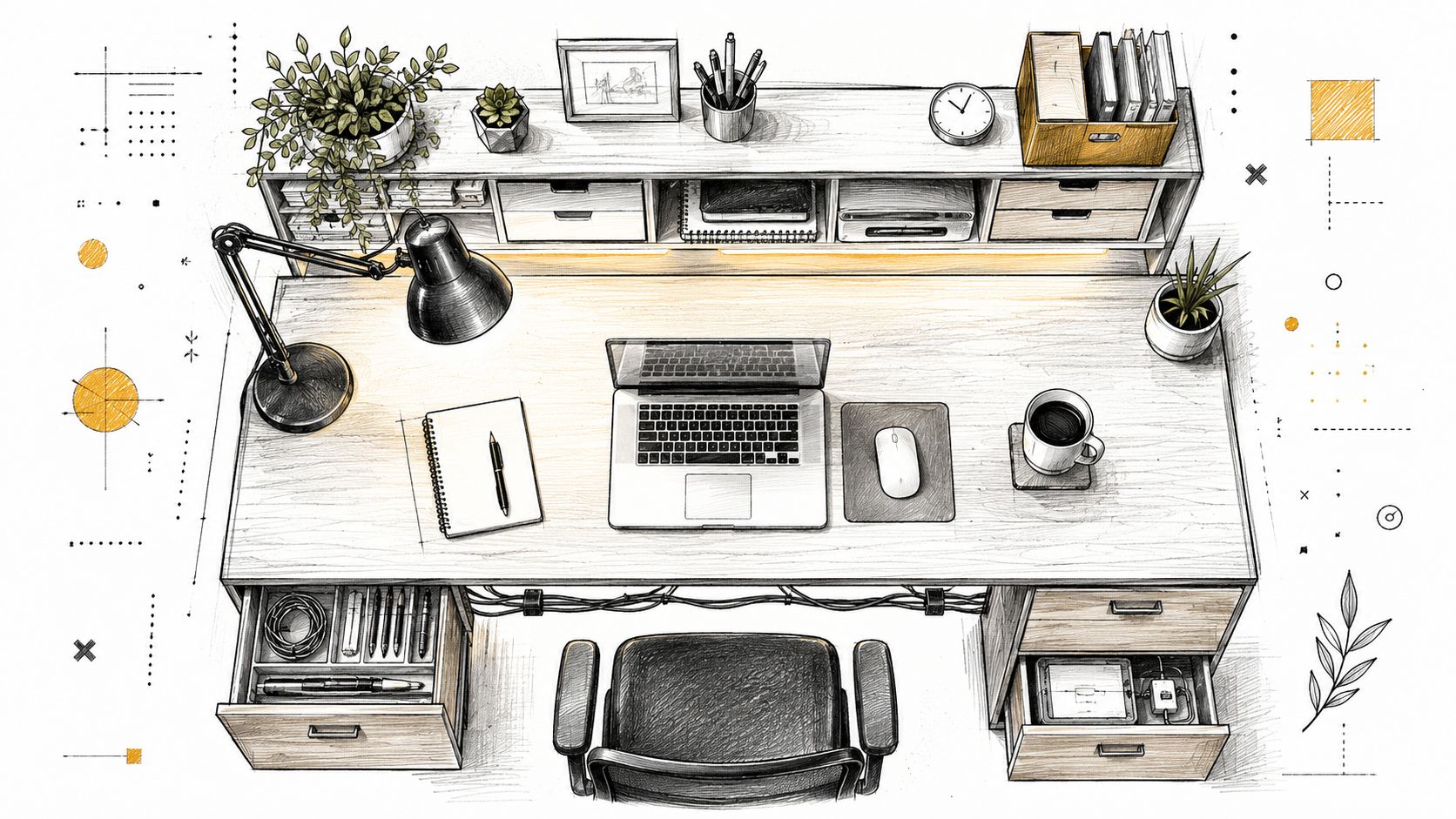 A detailed top-down sketch of a organized home office desk featuring a laptop, stationery, and plants.