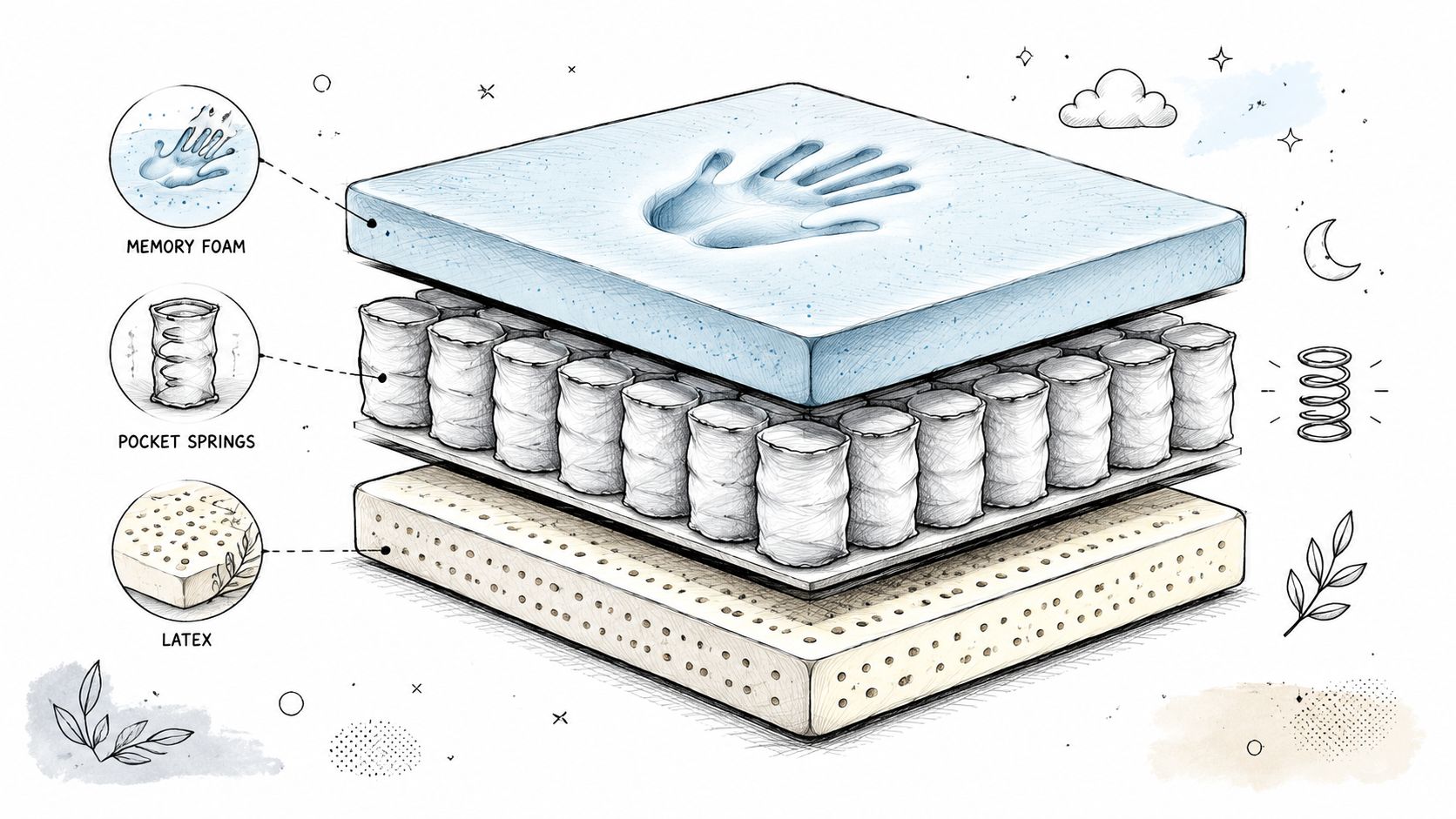 A diagram illustrating the three layers of a hybrid mattress including memory foam, pocket springs, and latex.