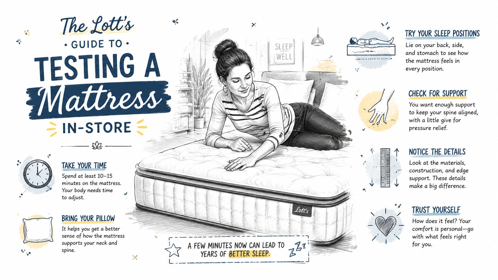 An illustrated guide providing tips on how to properly test a new mattress in a store.