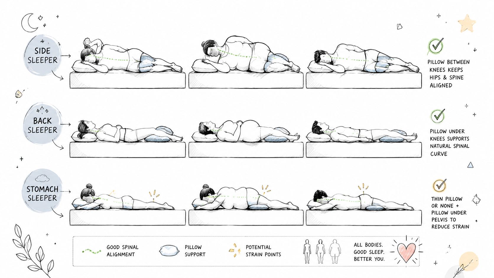 A guide illustrating healthy sleeping positions for side, back, and stomach sleepers to maintain proper spinal alignment.