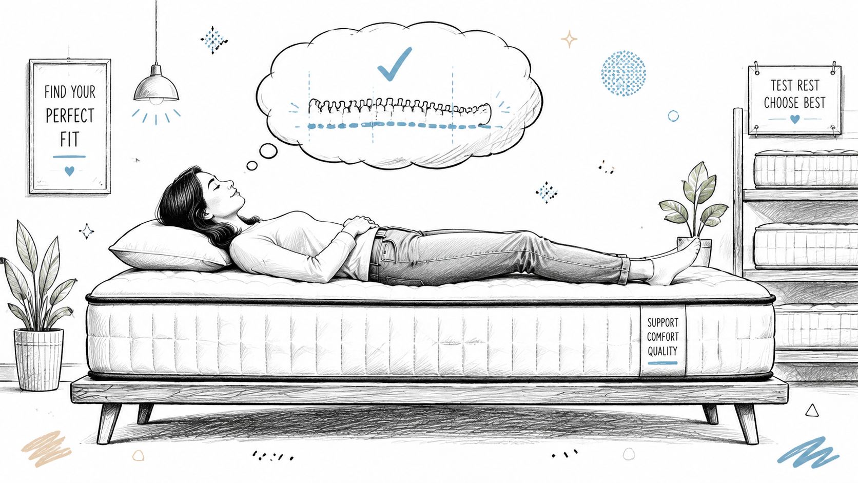 A woman resting comfortably on a supportive mattress, visualizing proper spinal alignment for healthy sleep posture.