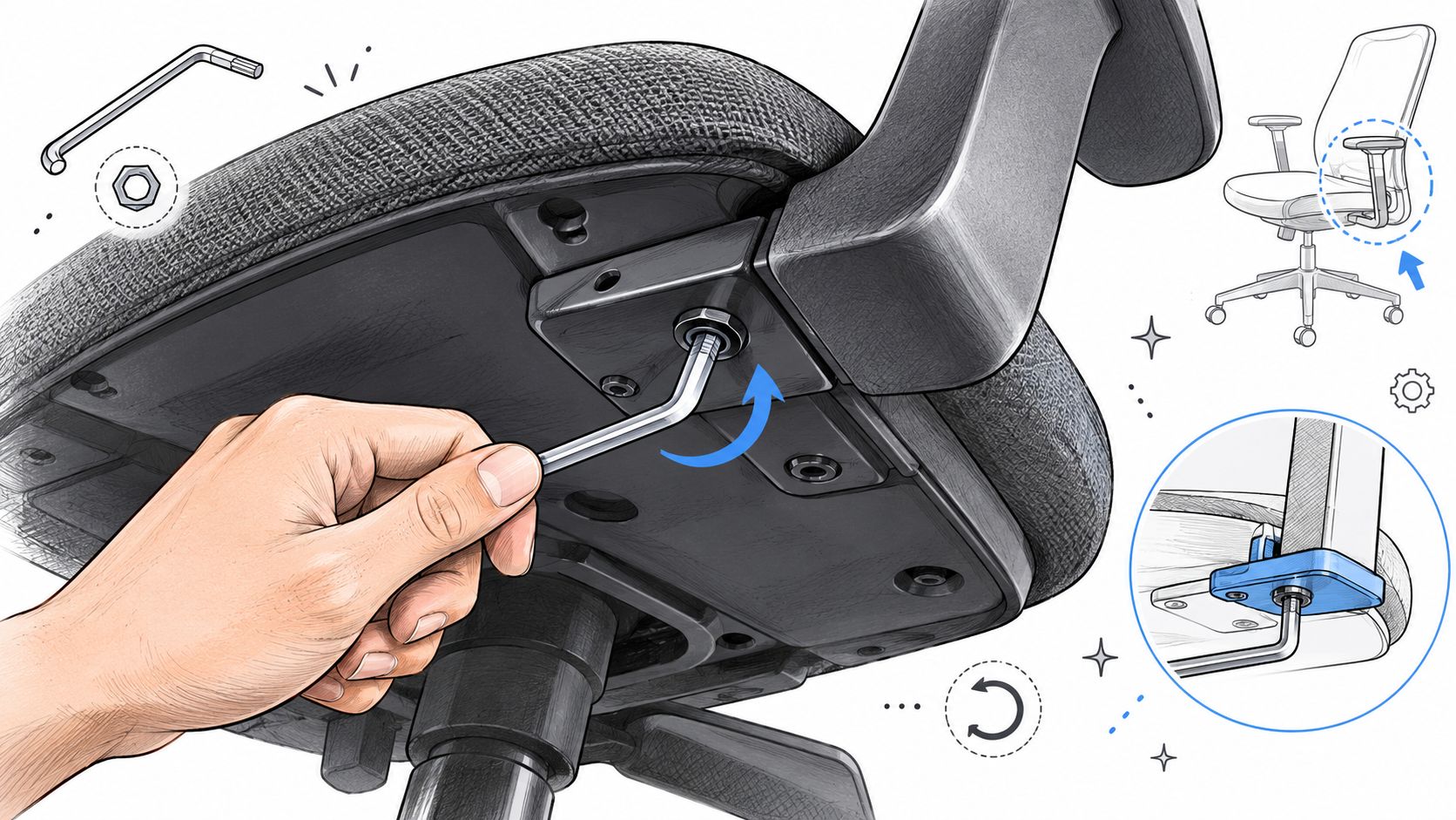 A person uses an Allen wrench to tighten a bolt on the underside of an office chair armrest.