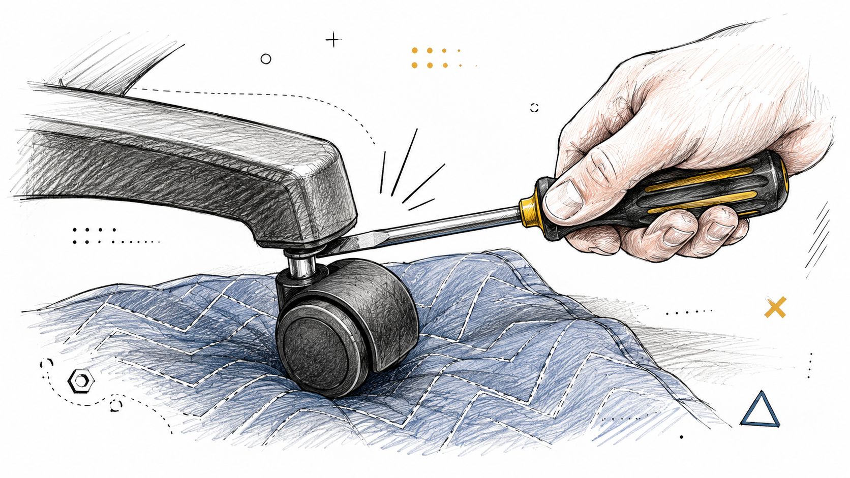 A hand using a screwdriver to remove a caster wheel from an office chair base on furniture padding.