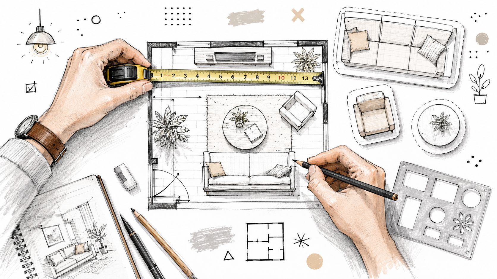An interior designer measuring a floor plan layout with a tape measure while sketching living room furniture.