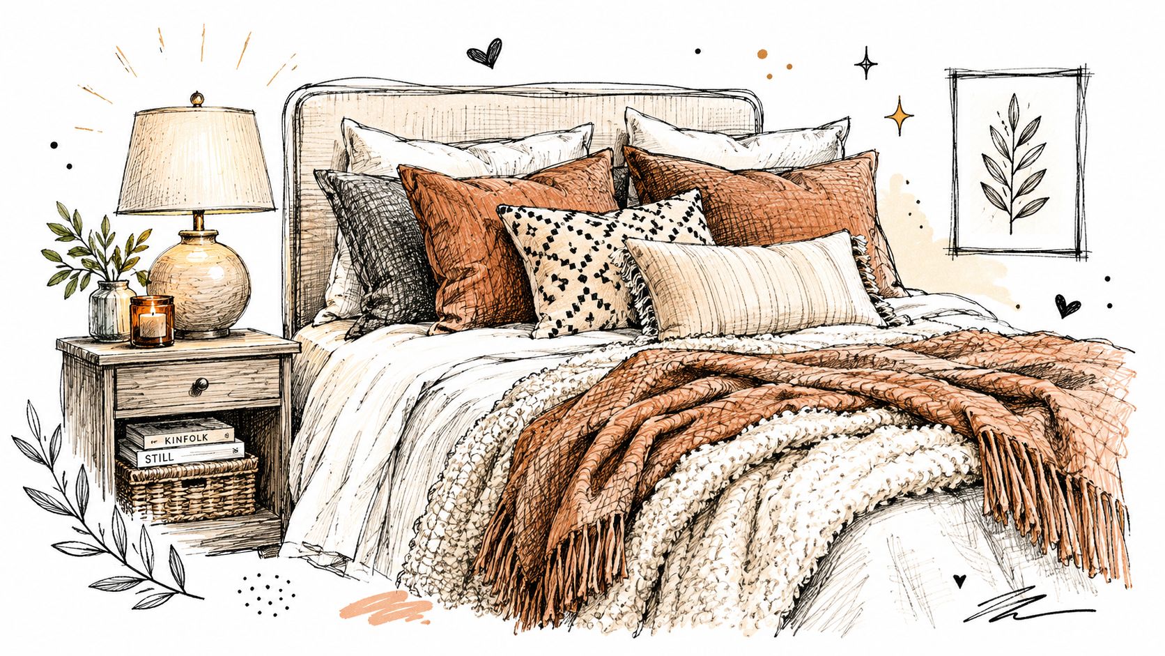 A detailed artistic sketch of a cozy bedroom interior with a styled nightstand, decorative pillows, and bedding.