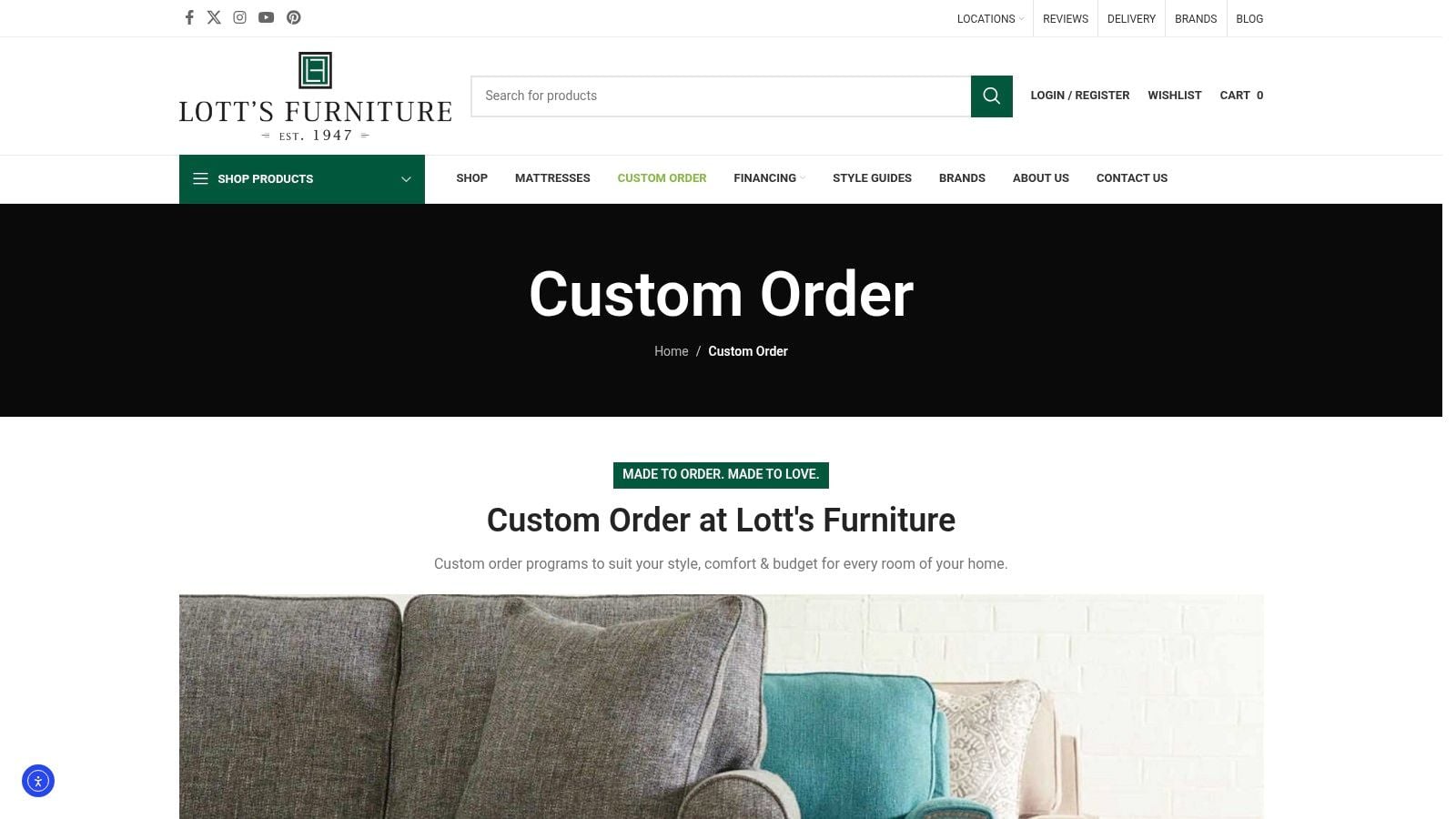 Screenshot from https://www.lottsfurniture.com/custom-order/