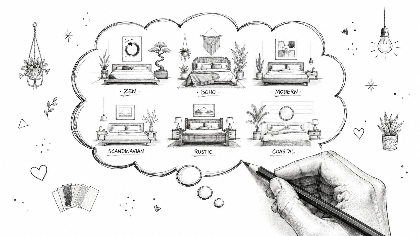 A hand drawing a thought bubble containing six different interior design styles for a bedroom.