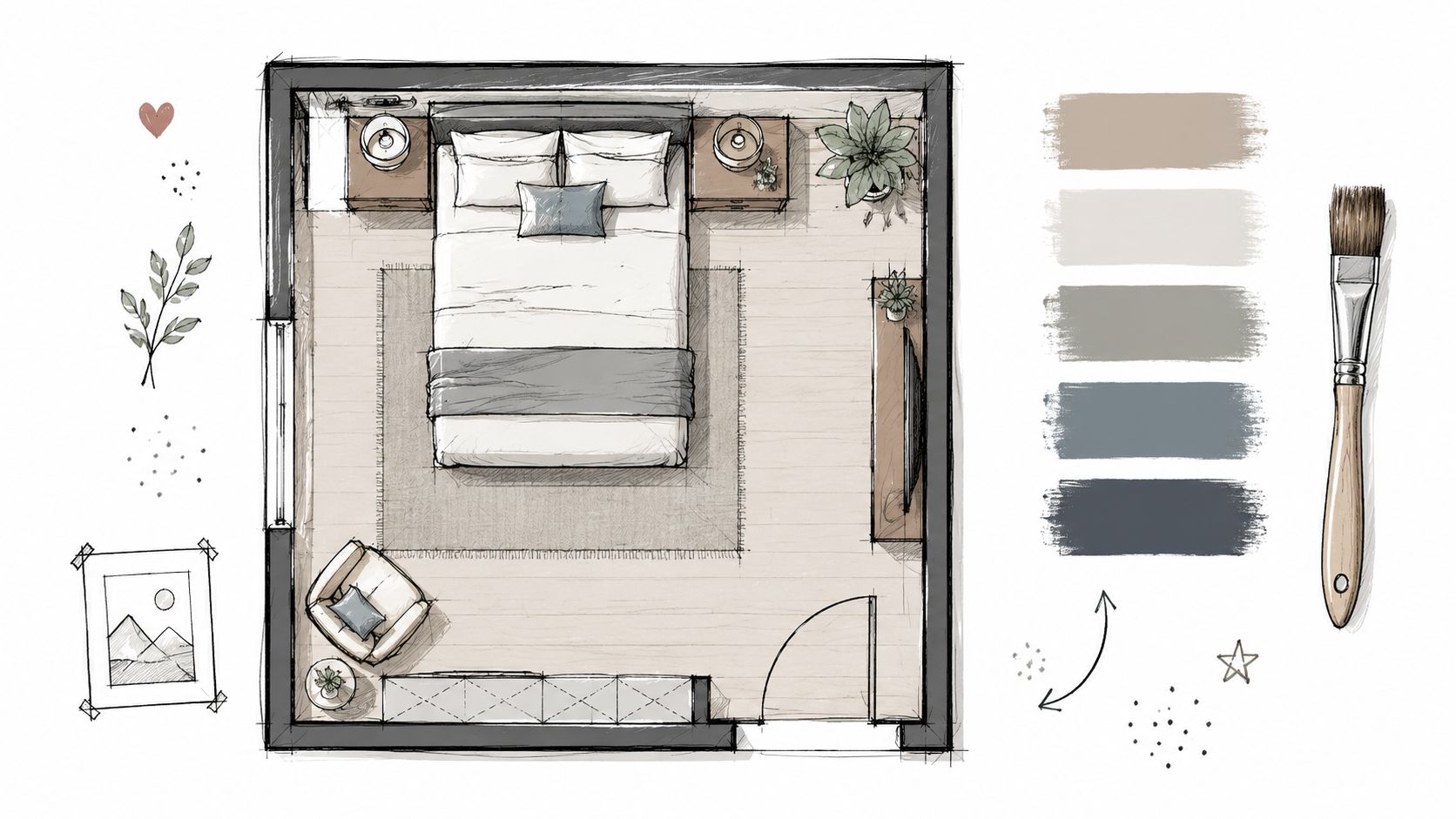 A hand-drawn top-down floor plan of a bedroom design with a matching color palette and paint brush.