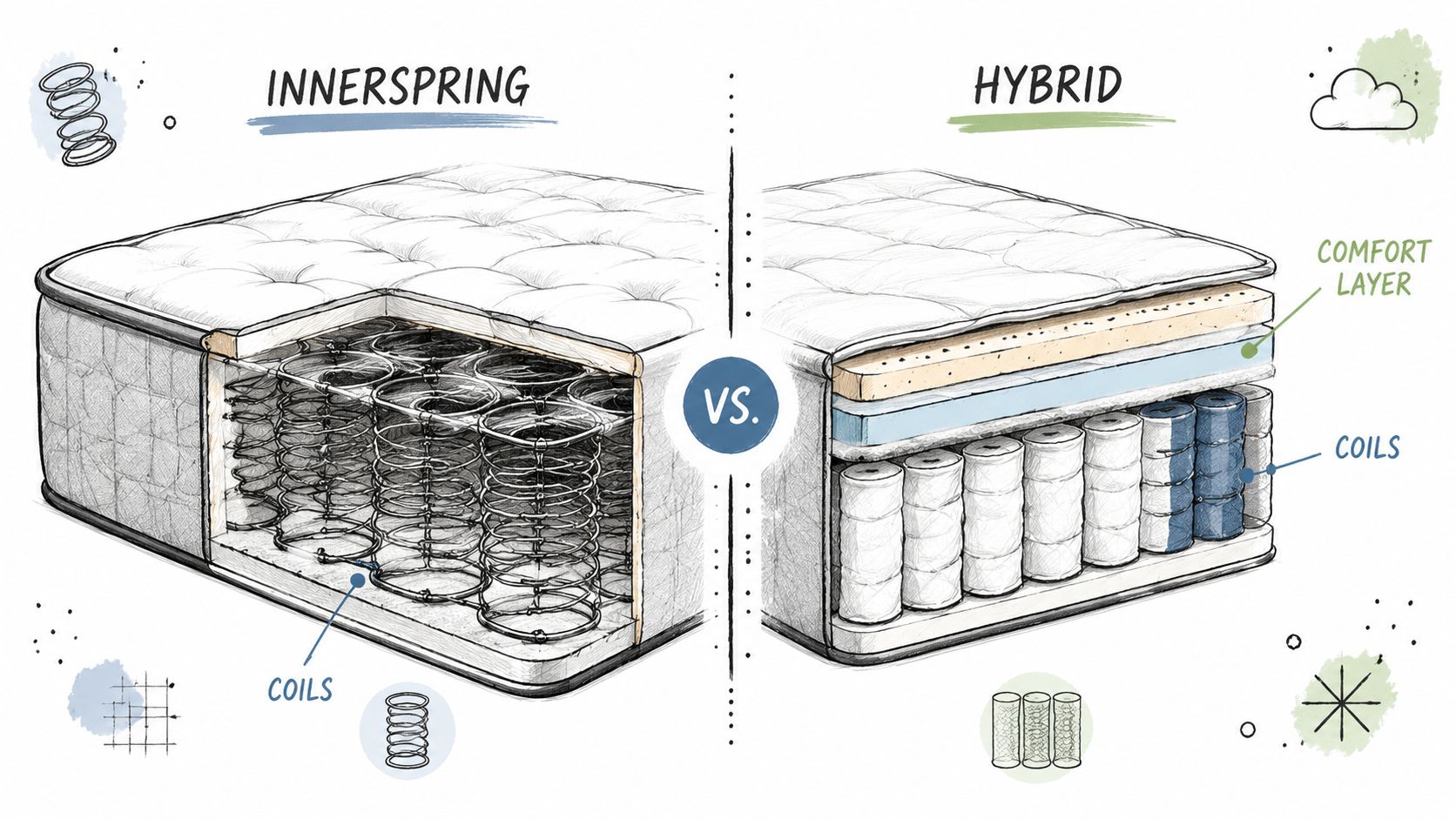 A diagram comparing an innerspring mattress to a hybrid mattress showing internal coil layers and comfort materials.