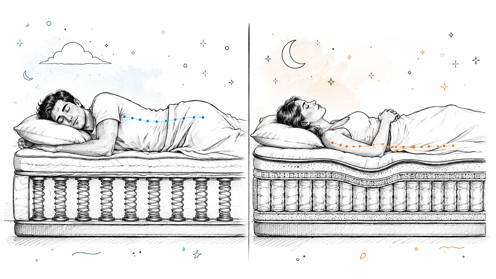 A split illustration comparing a person sleeping on a traditional innerspring mattress versus a hybrid mattress.