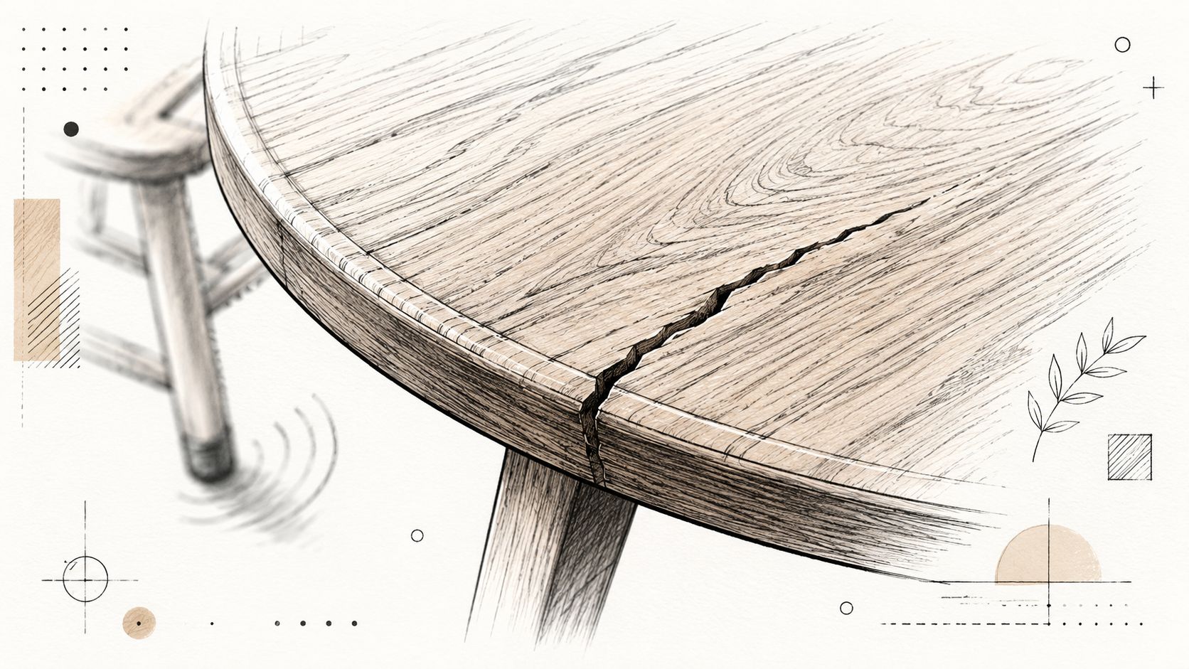 A detailed pencil sketch of a circular wooden table featuring a prominent crack on its surface.