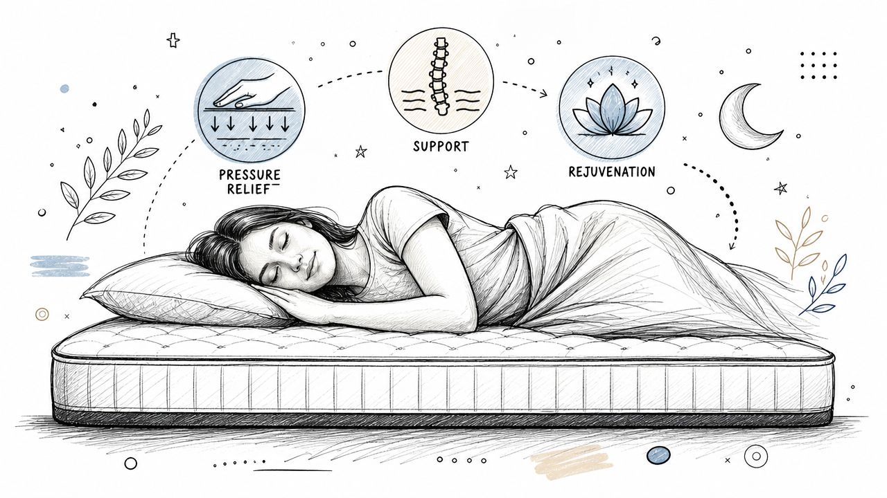 A woman sleeping comfortably on a mattress, illustrating the benefits of pressure relief, support, and rejuvenation.