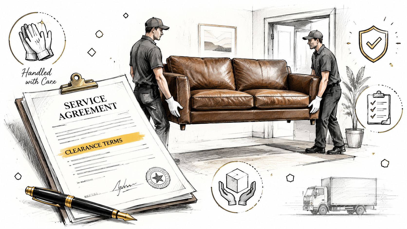 Two movers in uniform carry a brown leather couch while a service agreement document sits in the foreground.