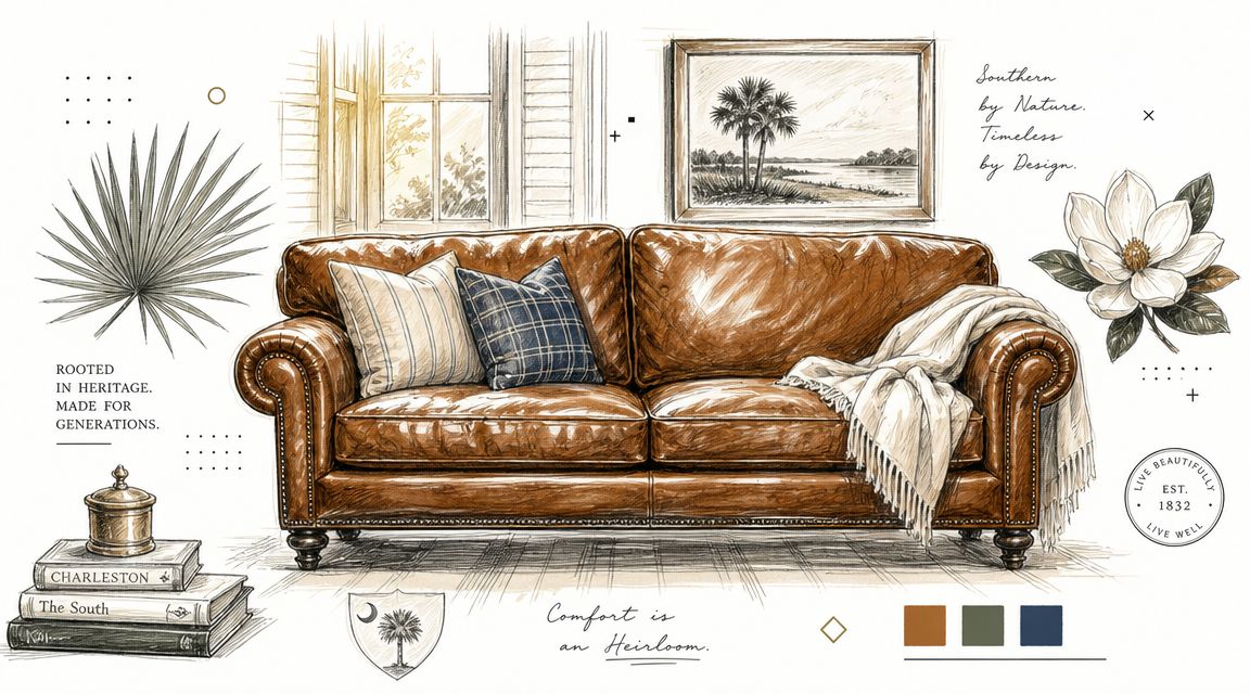 A detailed illustration of a vintage brown leather sofa decorated with pillows, a blanket, and coastal-themed accents.