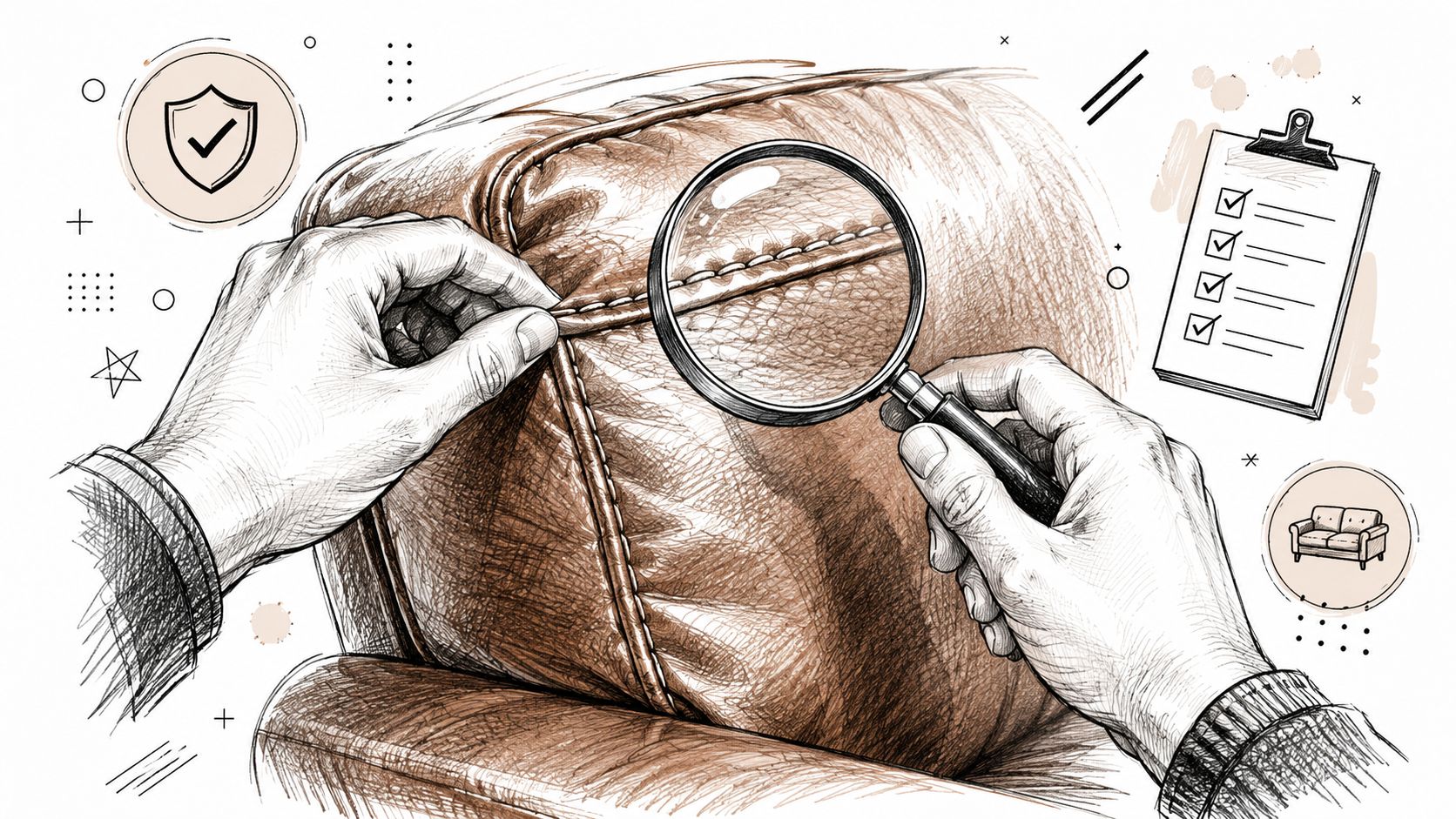 A detailed illustration of an expert inspecting the stitching on a luxury leather couch with a magnifying glass.