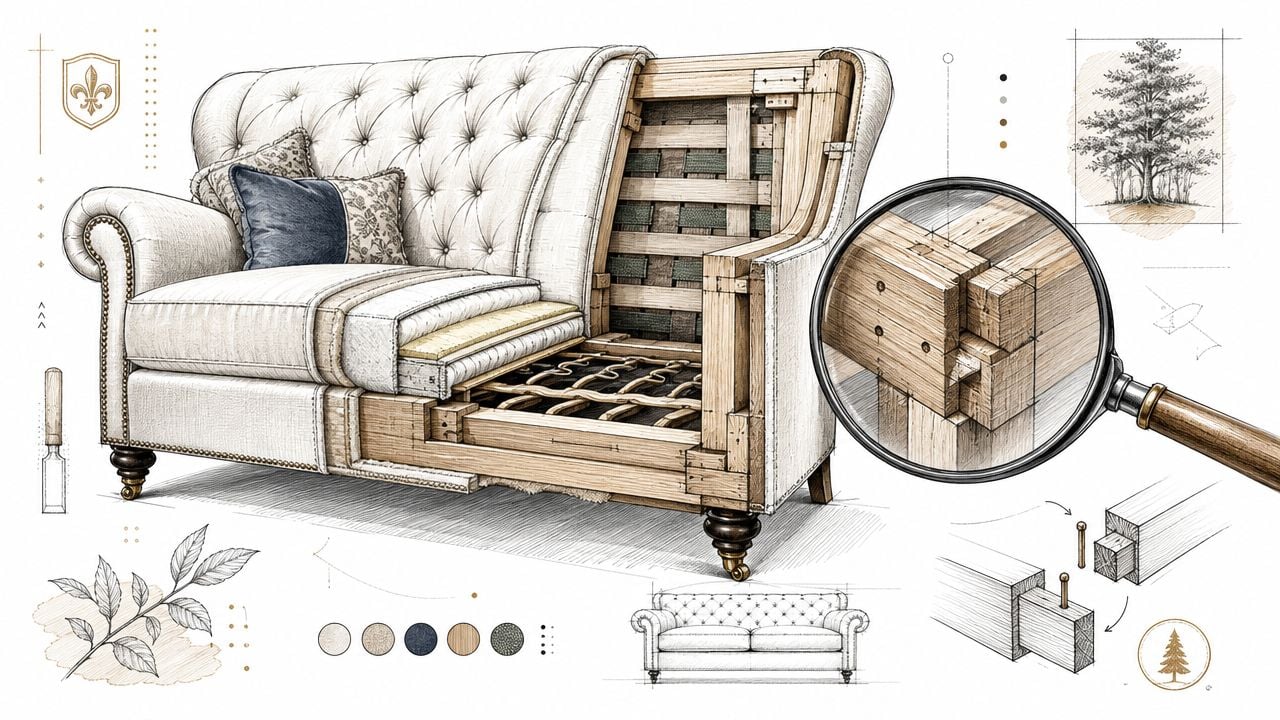 A detailed technical illustration showing the interior construction and high-quality joinery of a luxury chesterfield sofa.