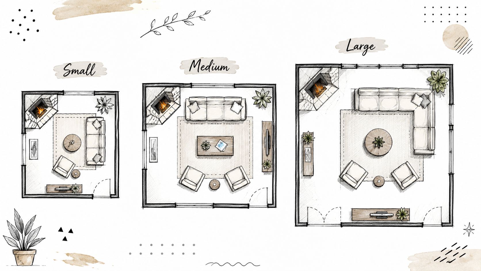 Three floor plan designs for living rooms of different sizes, each featuring a corner fireplace layout.