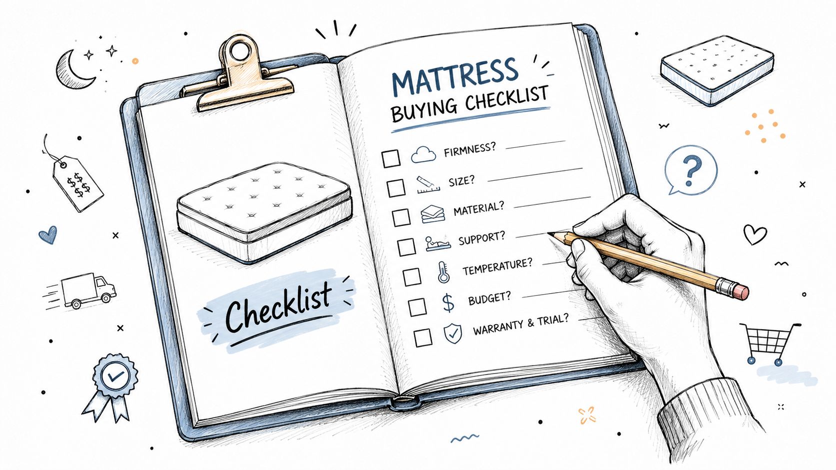 A hand filling out a mattress buying checklist in a notebook illustrated with relevant sleep icons.