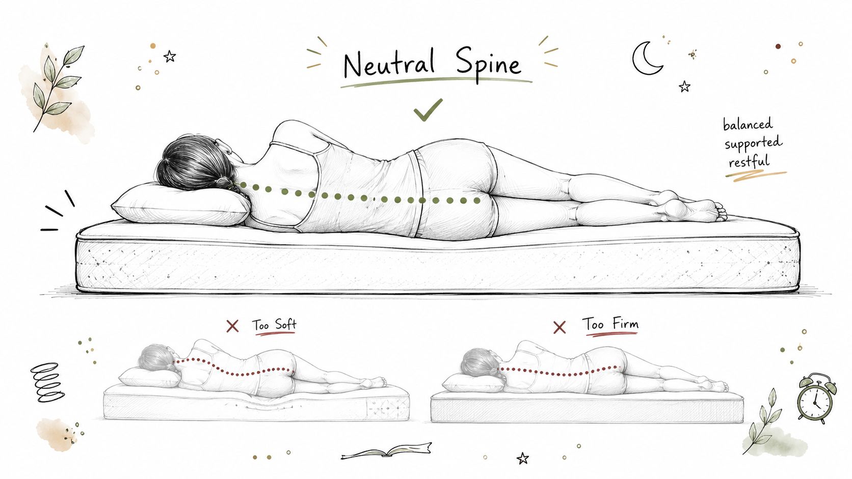A diagram illustrating the ideal sleeping position with a neutral spine compared to mattress softness and firmness.
