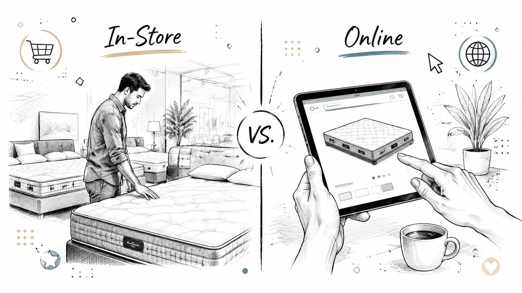 A split illustration comparing a man testing a mattress in-store versus browsing online on a digital tablet.