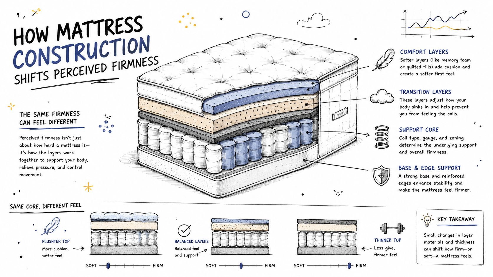 An educational infographic illustrating the layers of a mattress and how construction impacts perceived firmness levels.