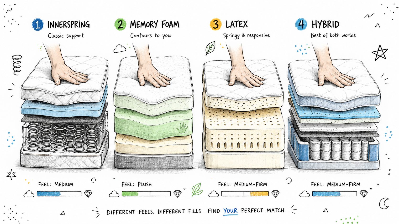 An educational infographic comparing the four types of mattresses: innerspring, memory foam, latex, and hybrid with firmness ratings.