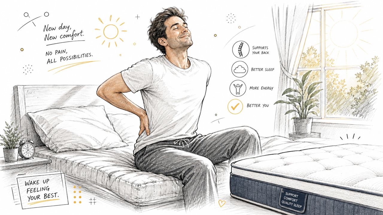 A man stretching on his bed, feeling comfortable and well-rested, showcasing the benefits of a quality mattress.