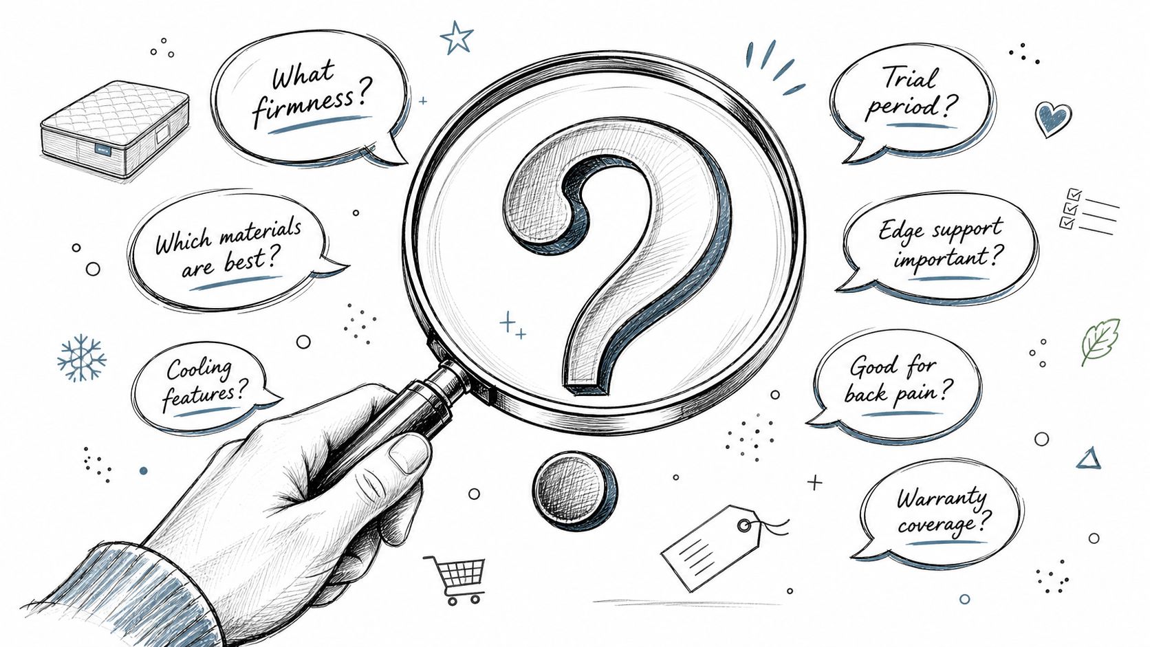 A hand holding a magnifying glass over a question mark surrounded by mattress-related shopping questions.