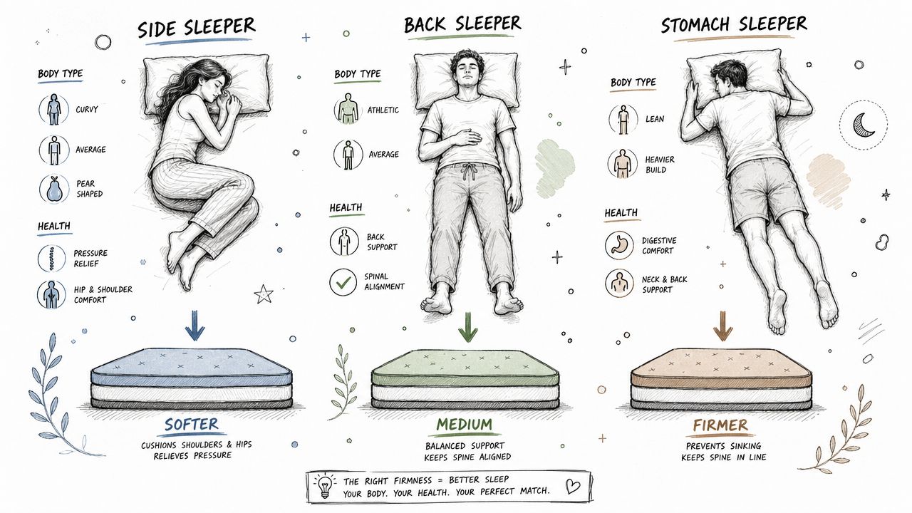 An infographic illustrating how different sleeping positions like side, back, and stomach require different mattress firmness levels.