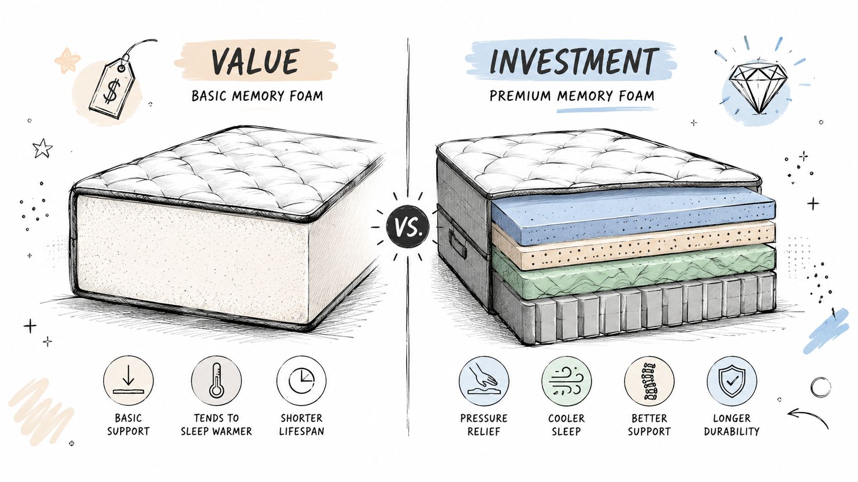 A comparative infographic showing differences between a basic value memory foam mattress and a premium investment mattress.