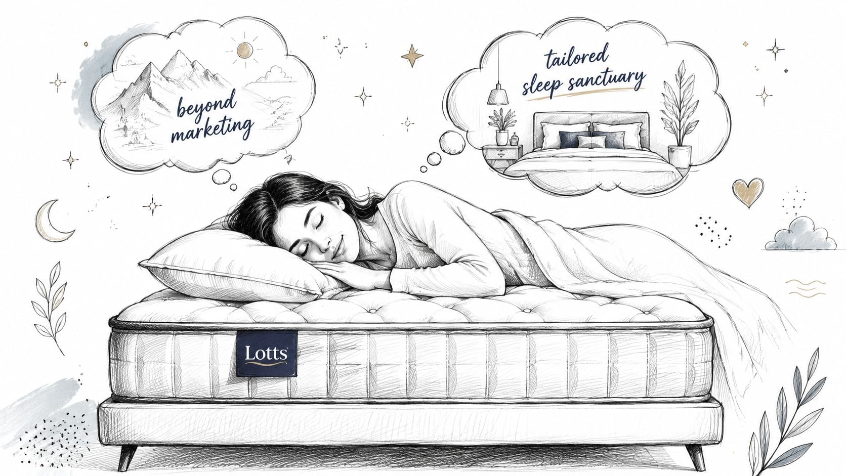 A woman sleeping comfortably on a high-quality Lotts mattress dreaming of a peaceful sleep sanctuary.