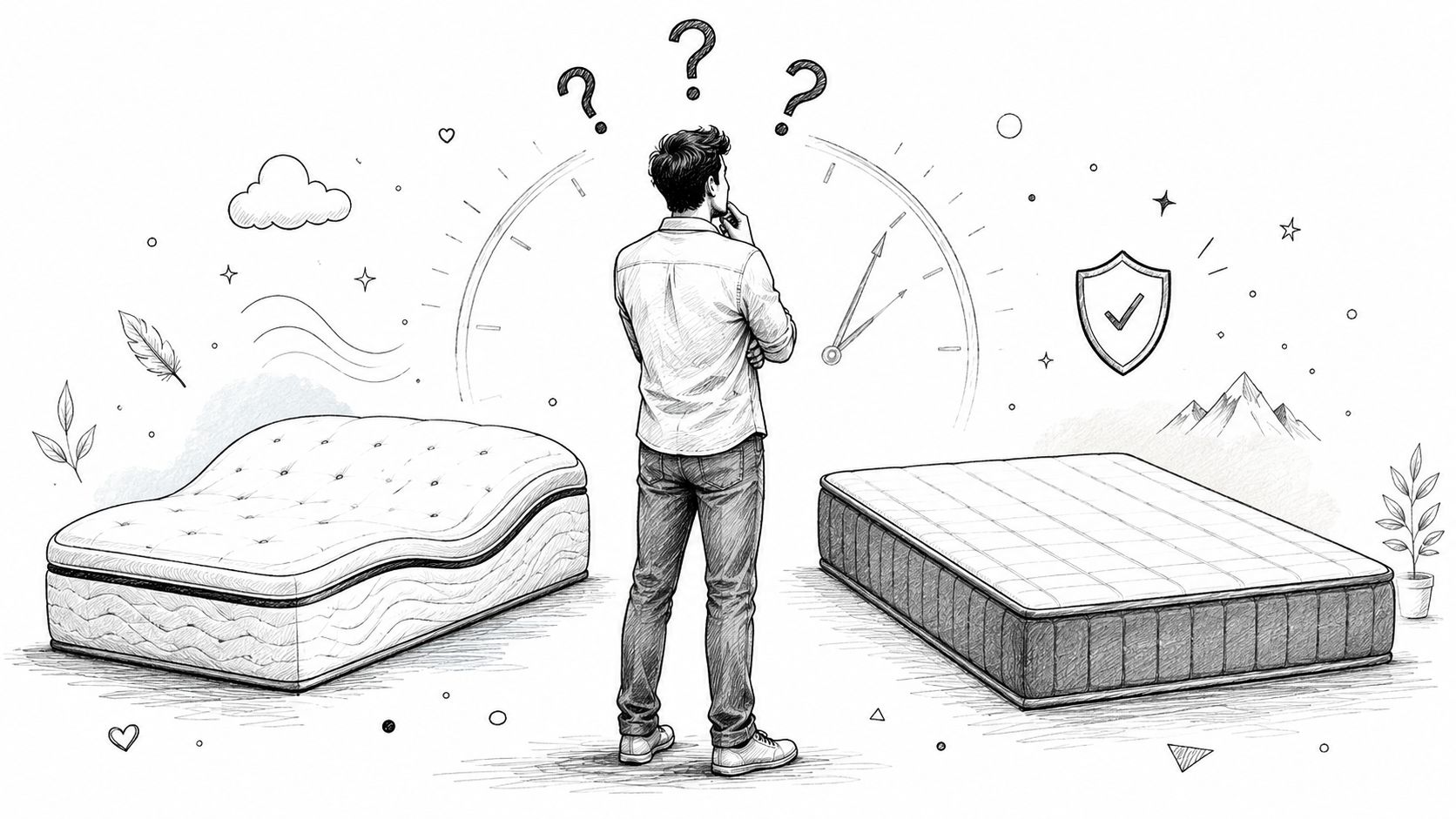 A person standing between two different mattresses, contemplating a choice while surrounded by symbolic icons.