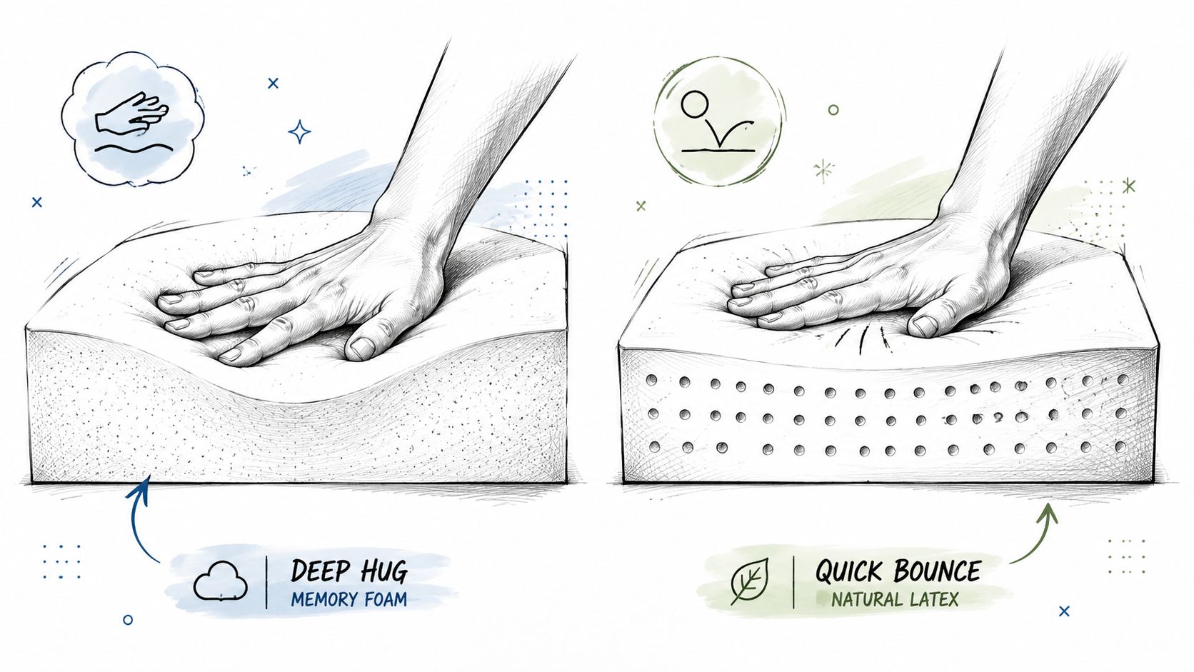 A diagram comparing the sinking feeling of memory foam versus the bouncy resilience of natural latex.