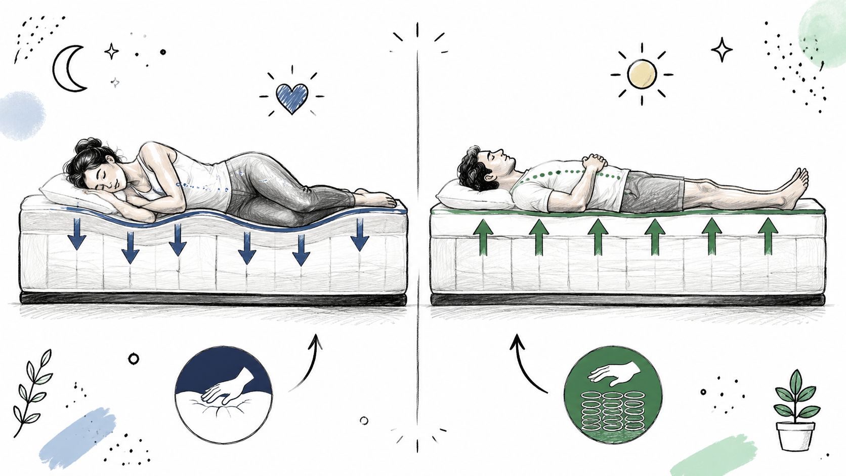 A side-by-side illustration comparing a memory foam mattress with a person sleeping and a latex mattress.