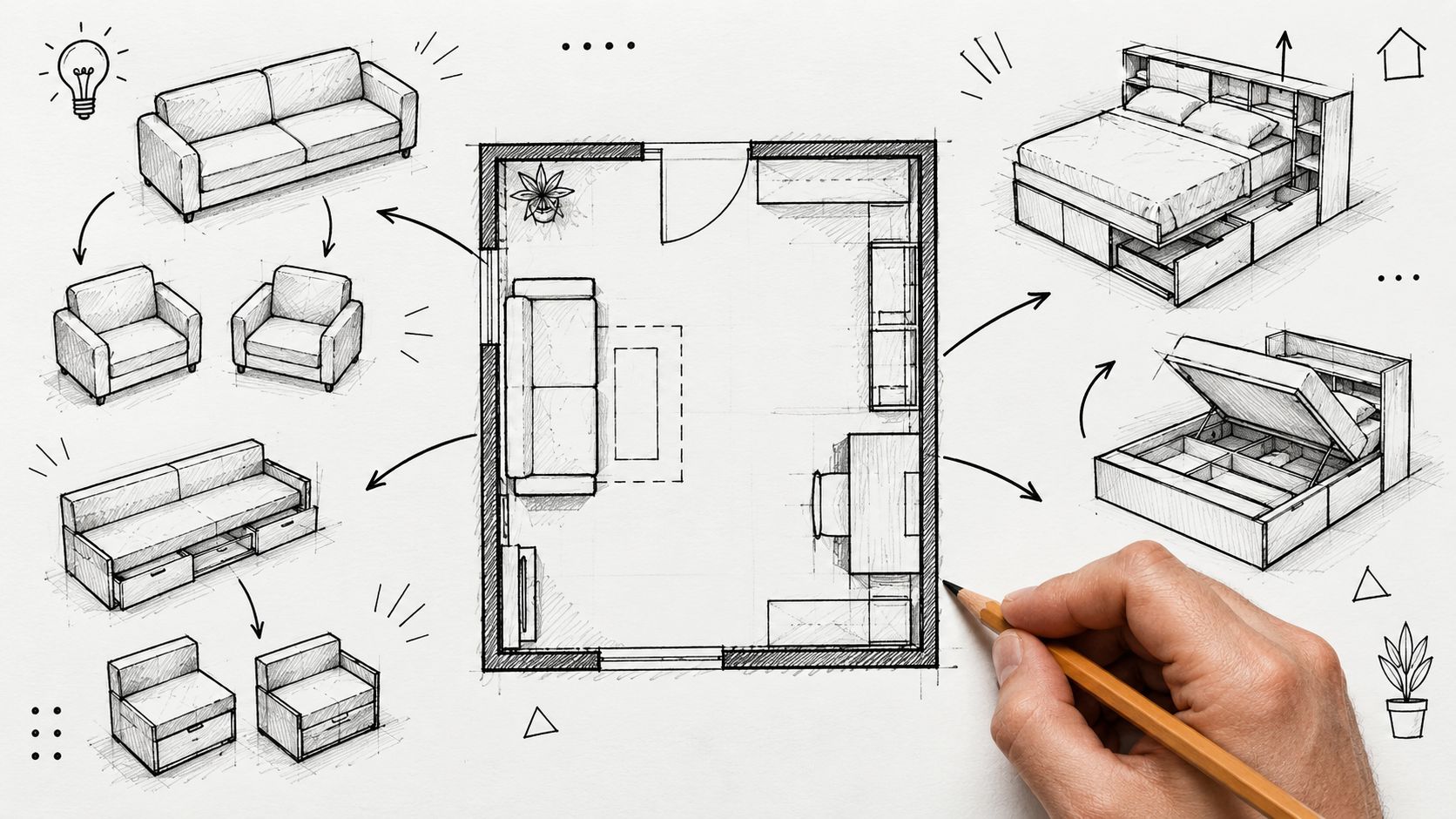 A pencil sketch of modular furniture design concepts for optimizing layout in a small apartment floor plan.