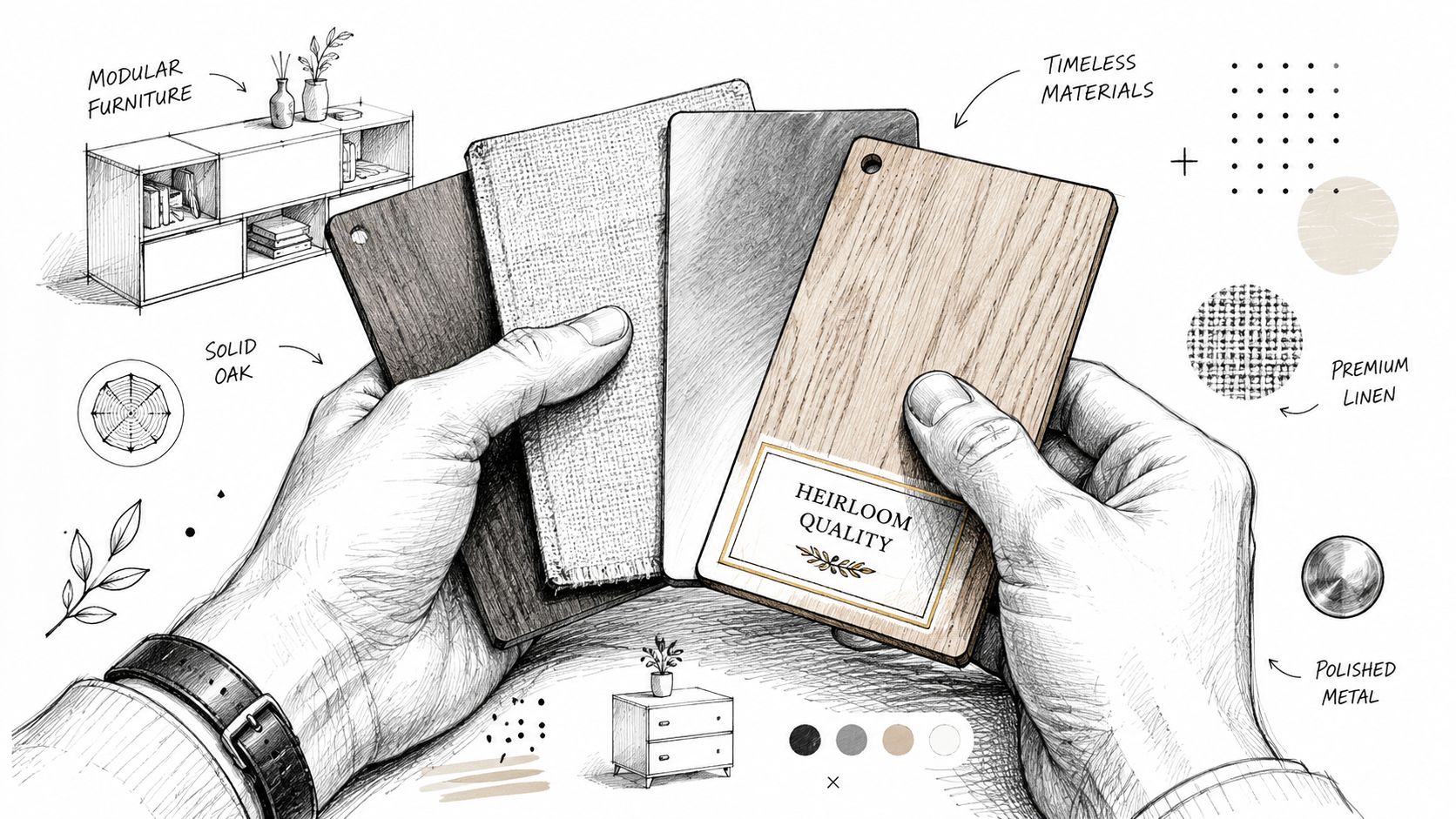 A detailed hand-drawn sketch showing someone holding material samples for furniture including wood, linen, and metal.