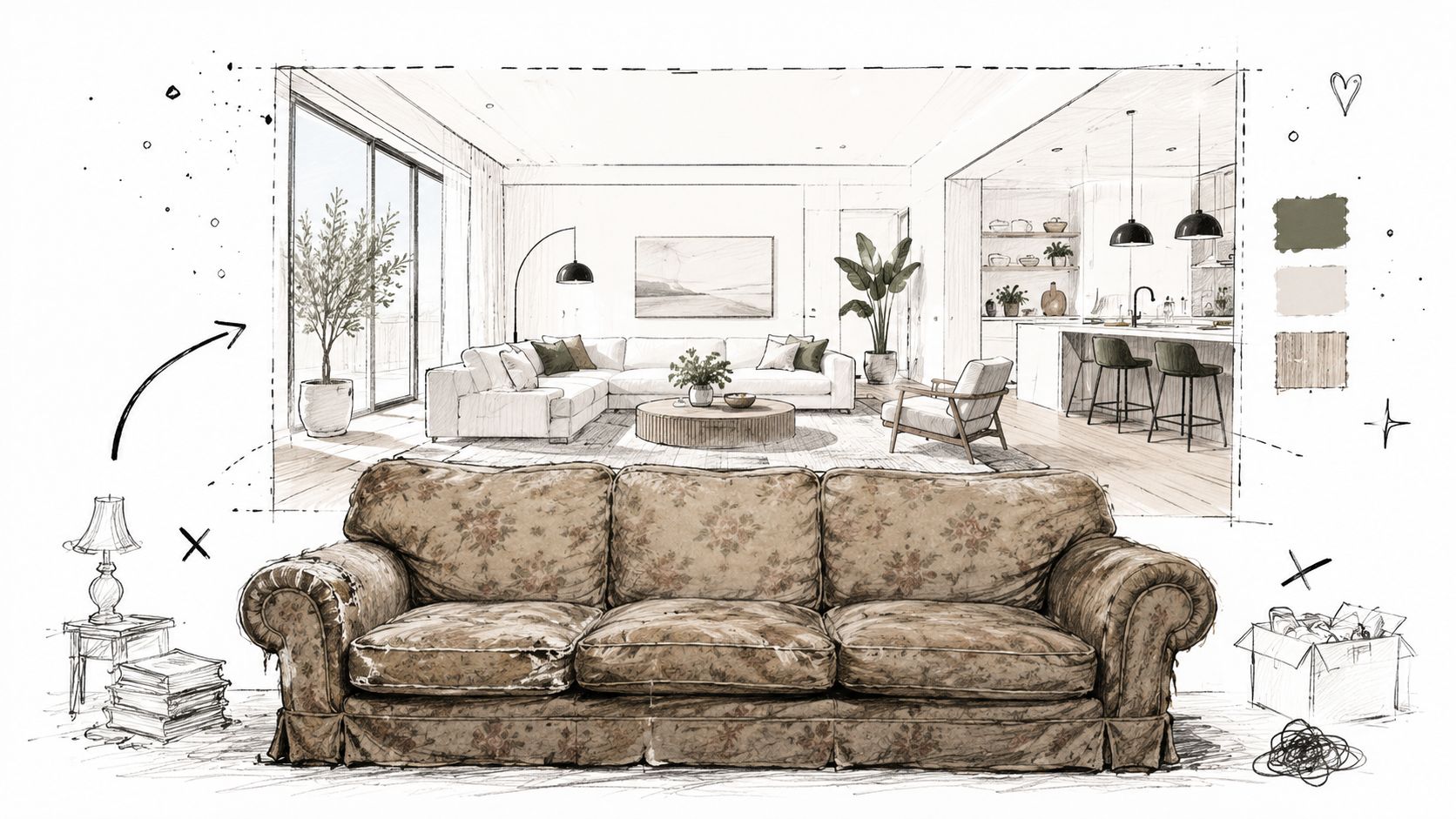 An illustration showing a floral patterned sofa being replaced by a modern living room interior design concept.