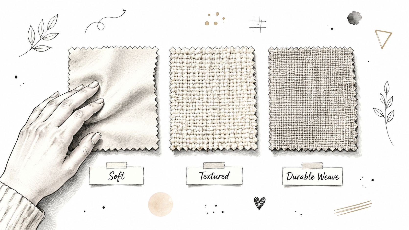 A hand touching a soft fabric swatch next to textured and durable weave textile samples for furniture.