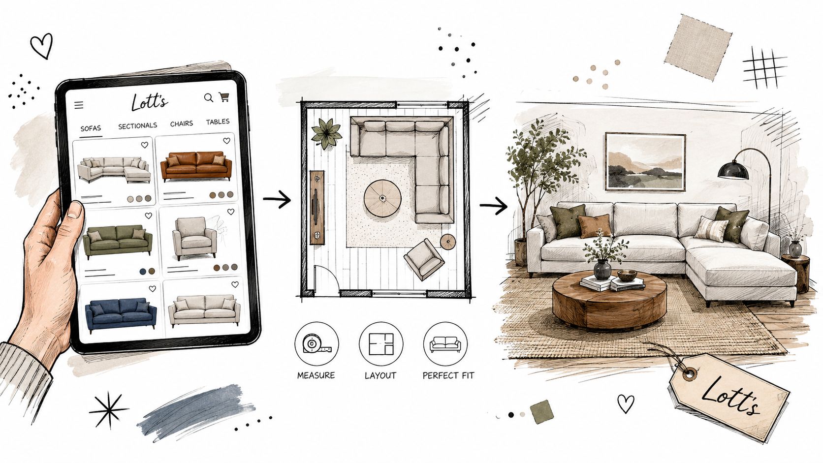 A hand holding a tablet displaying a furniture app, showing a floor plan layout and living room design.