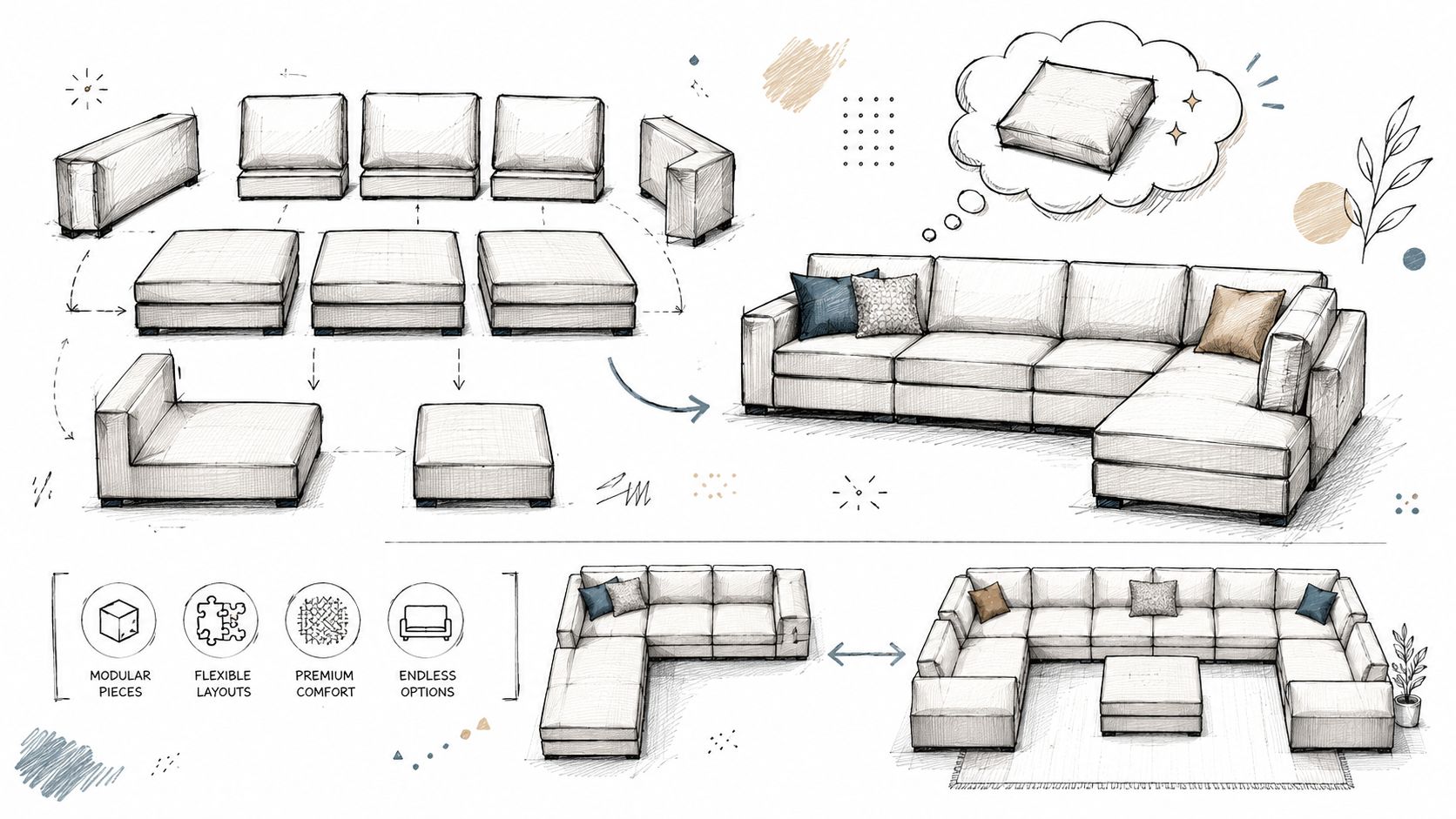 A hand-drawn sketch showcasing the modular design and various configuration options for a customizable performance fabric sectional sofa.
