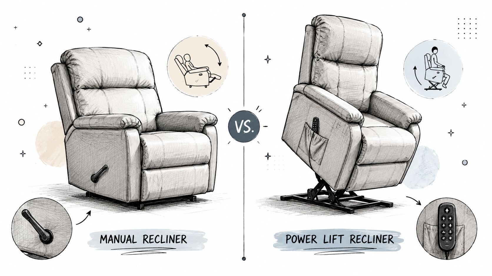 A comparative illustration showing a manual recliner chair next to a power lift recliner for elderly users.