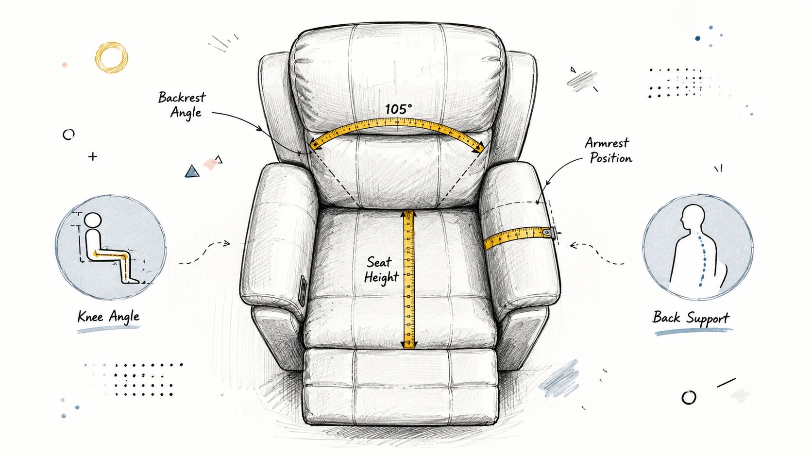 A detailed technical sketch of an ergonomic recliner chair illustrating key measurements like backrest angle and seat height.
