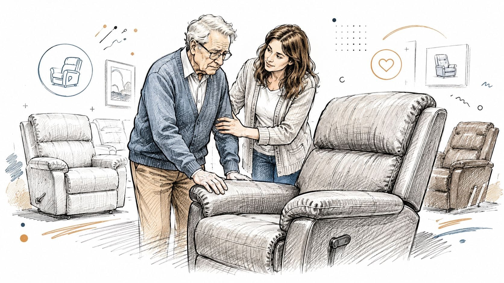 A young woman supporting an elderly man as he prepares to sit in a comfortable recliner chair.