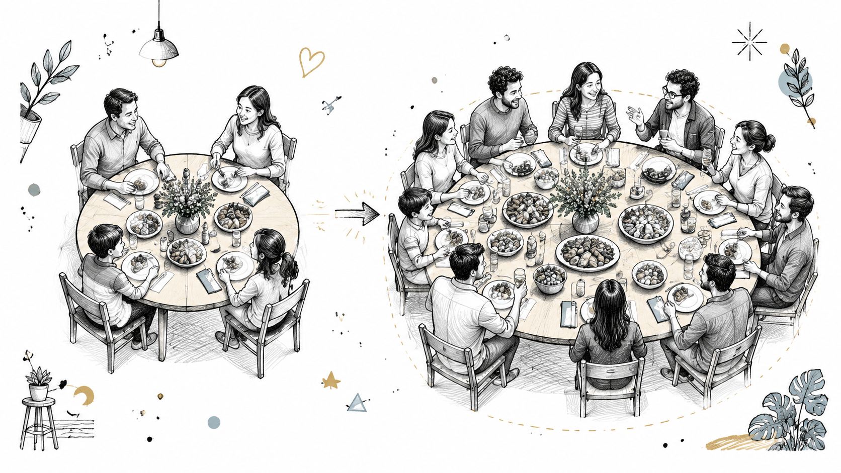 An illustration comparing a small round dining table with a large oval table for hosting family gatherings.