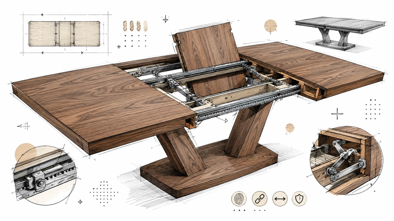 A detailed technical drawing of an extendable wooden dining table showing its internal sliding metal mechanism