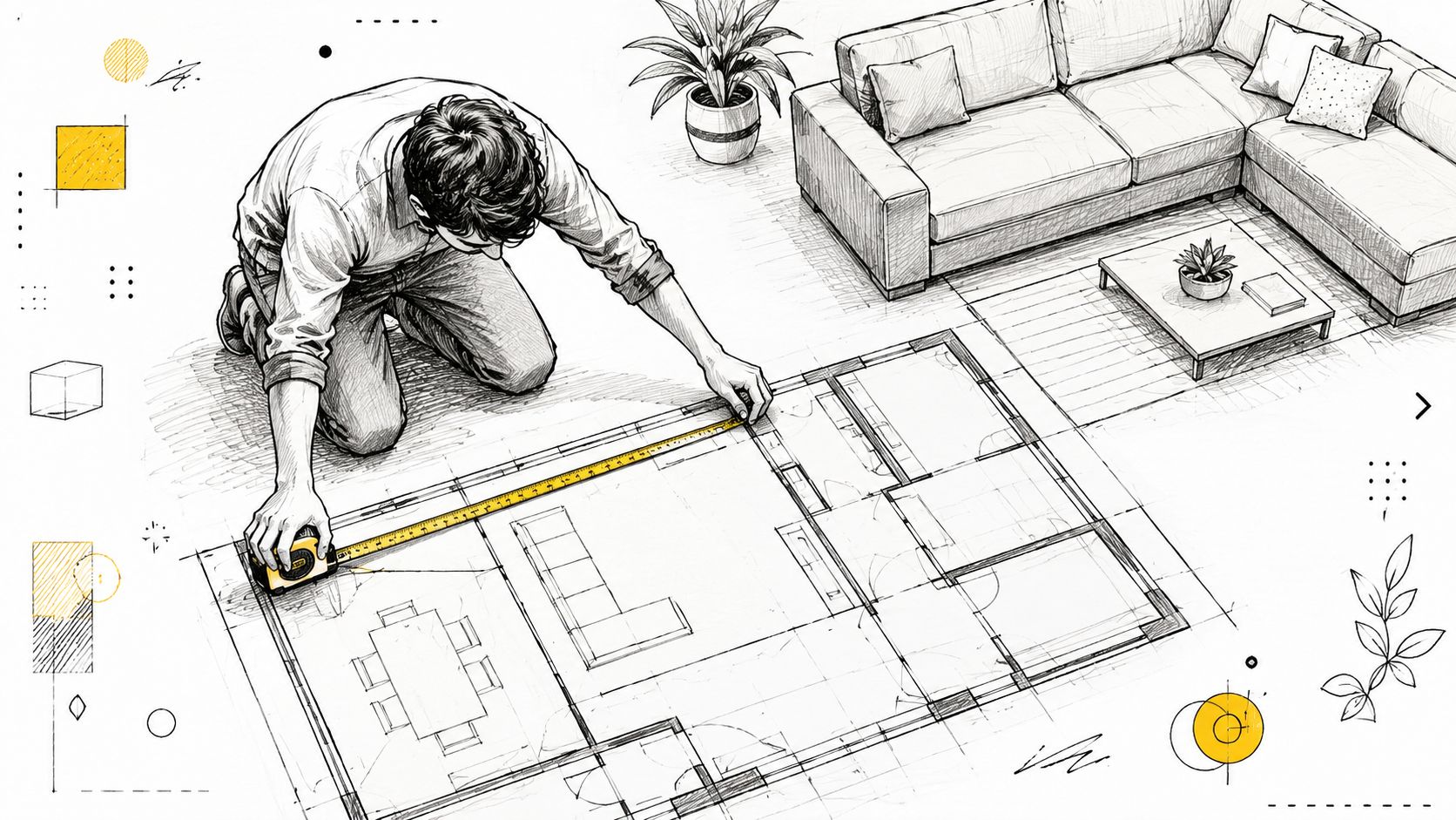 An architect measuring a detailed floor plan design with a tape measure near a modern living room