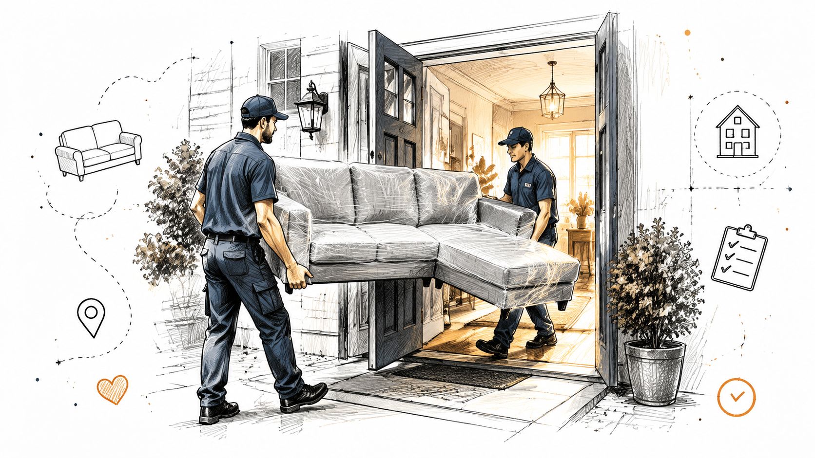 Two professional movers carefully carry a plastic-wrapped sectional sofa into a house through an open front door.