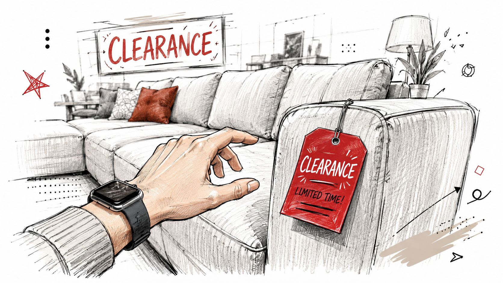 A hand reaching toward a sectional sofa featuring a red clearance sale tag in a store.