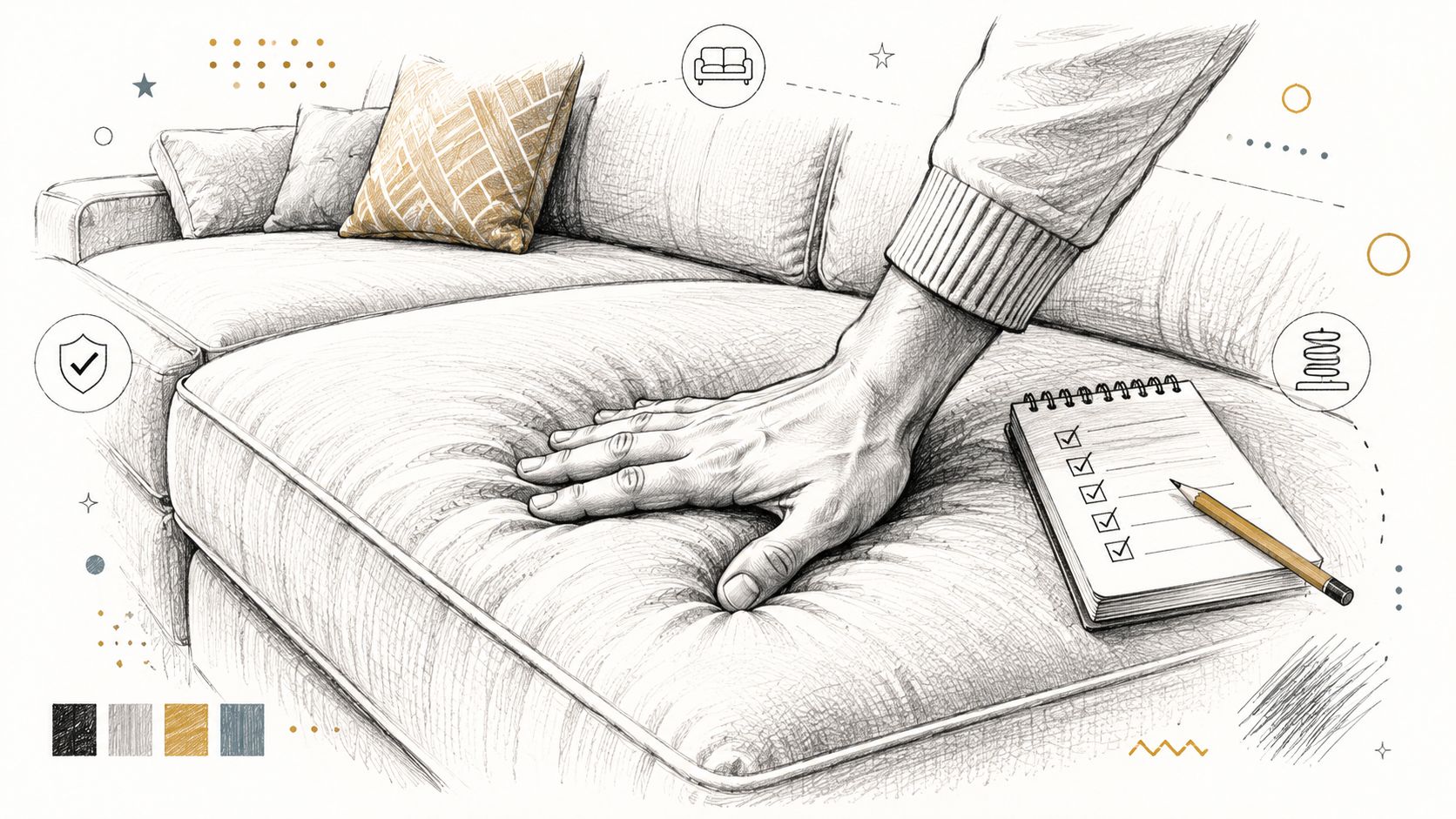 A hand touches a sofa cushion next to a checklist notepad, illustrating furniture quality inspection process.