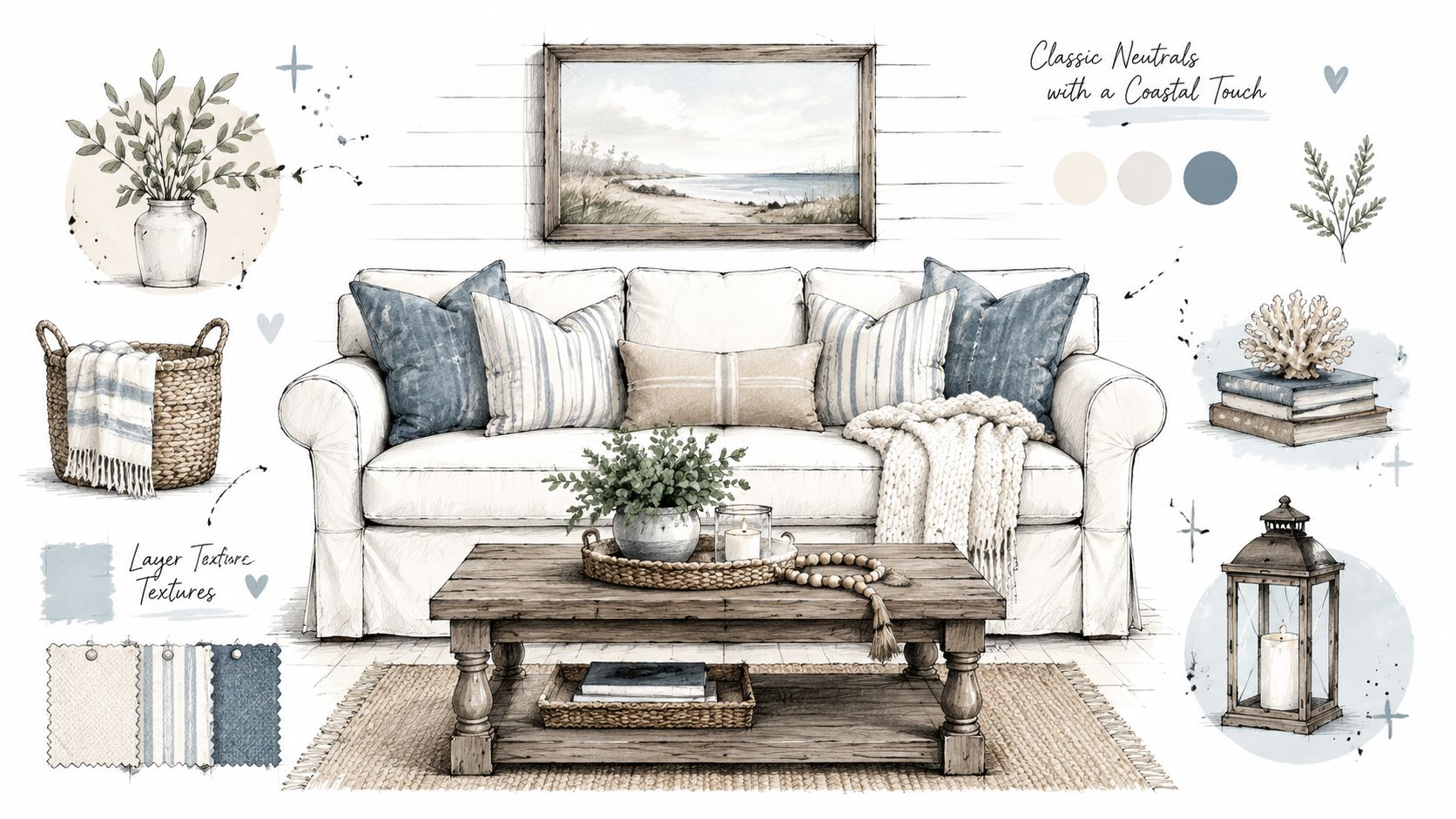 A coastal farmhouse living room design board featuring a white sofa, rustic wooden coffee table, and blue accents.